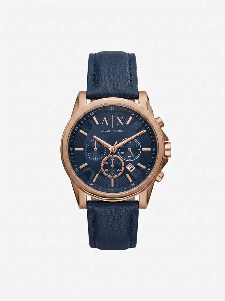 A digitalized navy chronograph watch in a private Sleqk closet