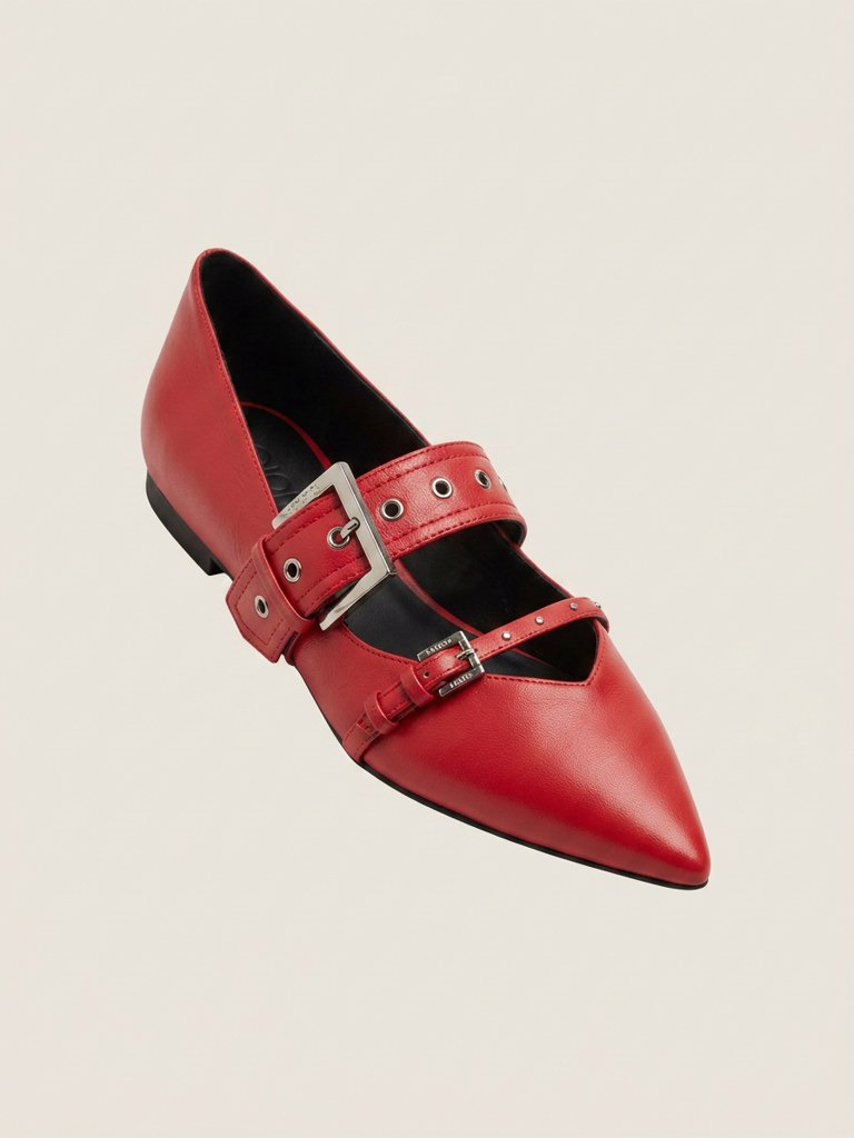 Red buckle flats