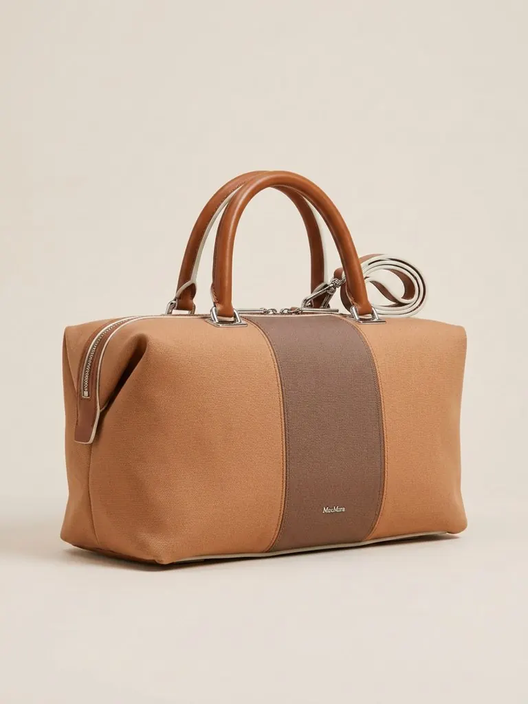 A digitalized tan leather weekender bag, background removed and tagged