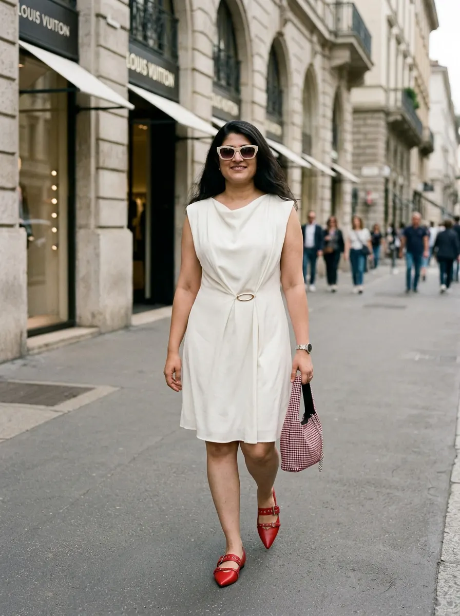 White shift dress with red flats and a pink bag on a city street, on the wearer's own photo