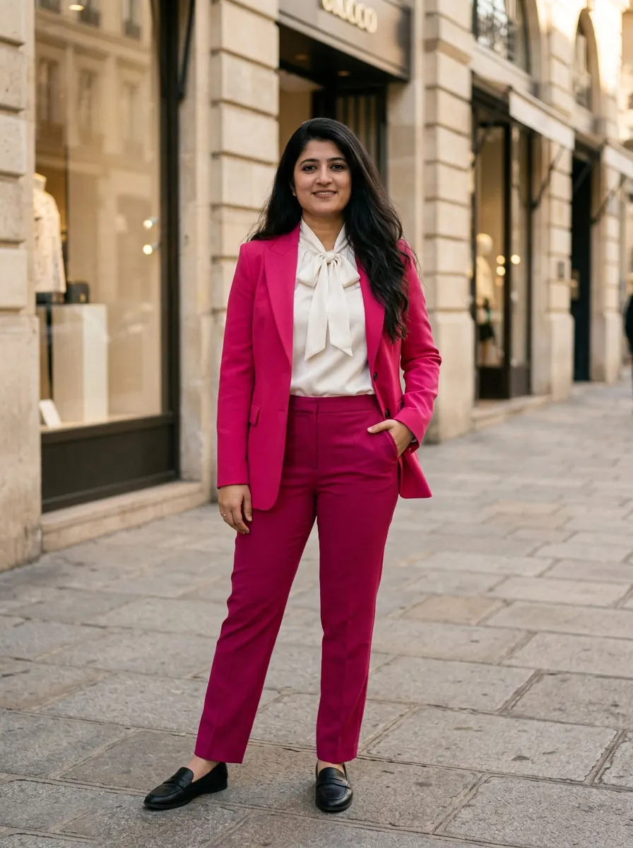Magenta trouser suit with a white bow blouse and black loafers, on the wearer's own photo