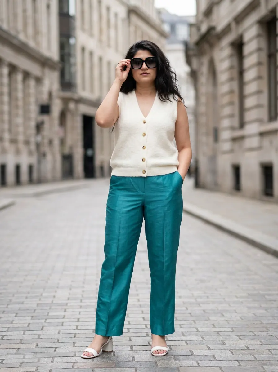 Teal silky wide-leg trousers with an ivory knit vest and white heels, on the wearer's own photo