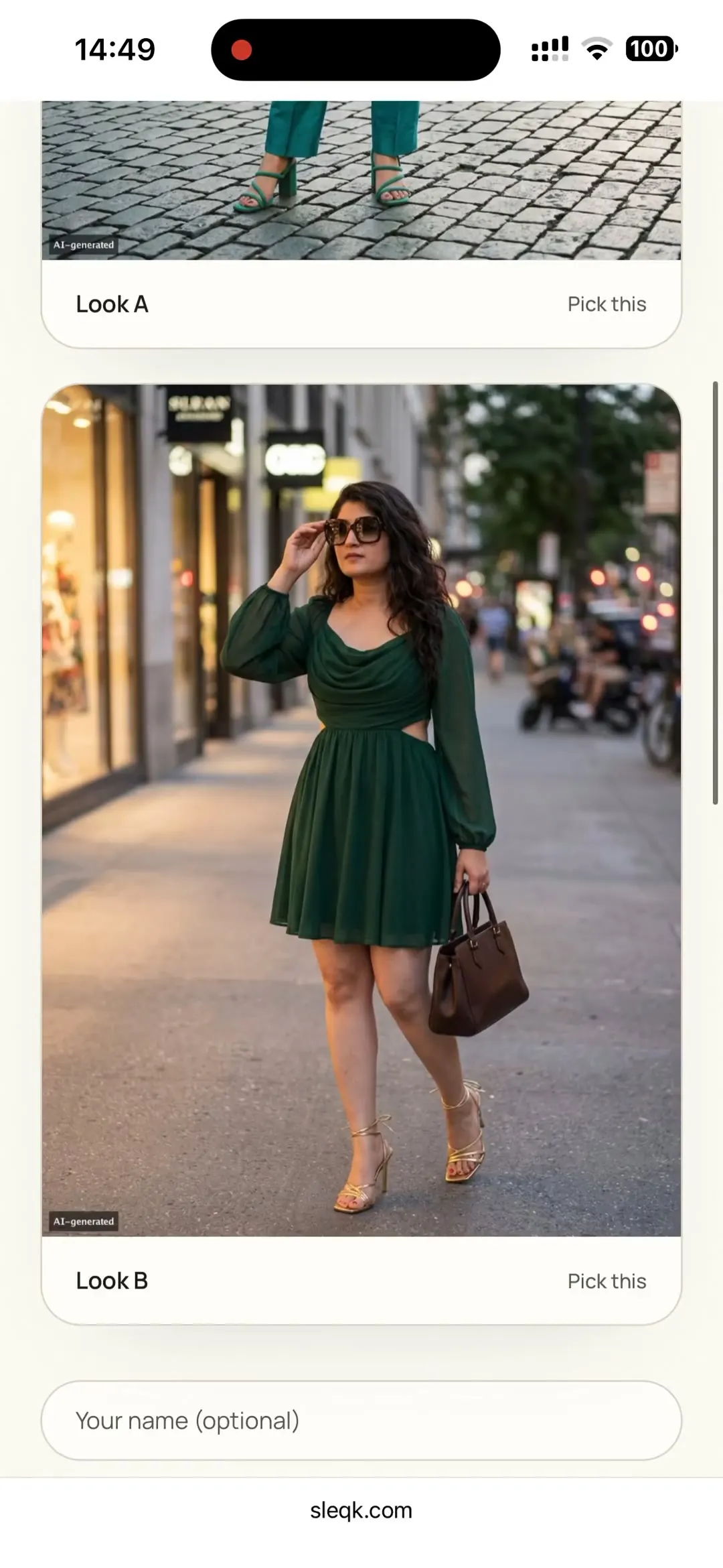 A friend choosing between two looks in the vote view