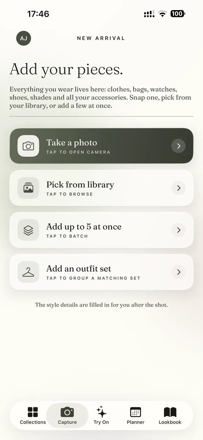 The capture entry screen: Take a photo, Pick from library, Add up to 5 at once, Add an outfit set